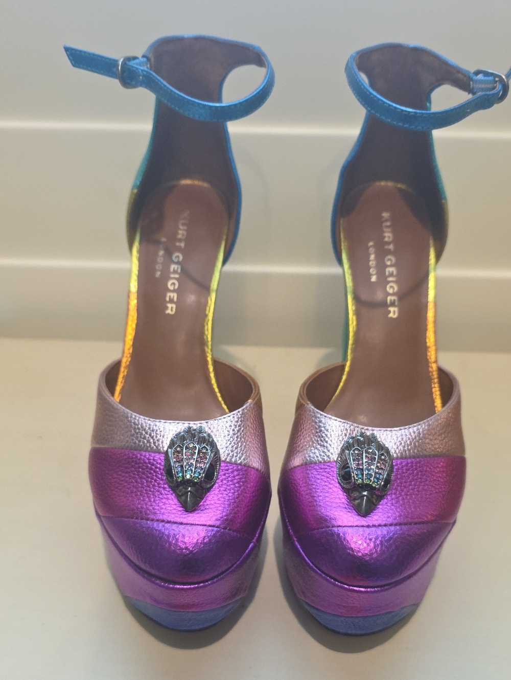 New Kurt Geiger Metallic Purple & Blue Ankle-Strap Platform Sandals - Picture 2 of 5